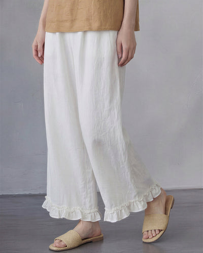 高腰鬆緊腰荷葉花邊寬褲裙-白色-XL