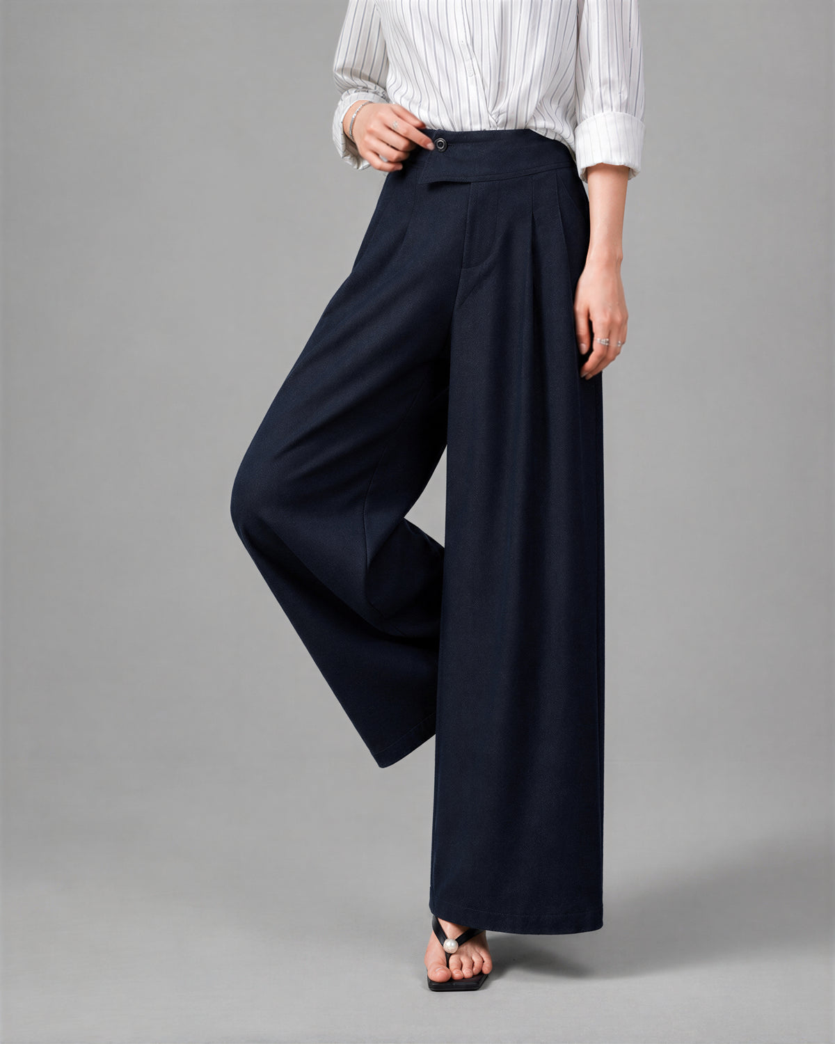 「秋季新品 」S-XL 深藍色高腰垂墜感不對稱寬褲