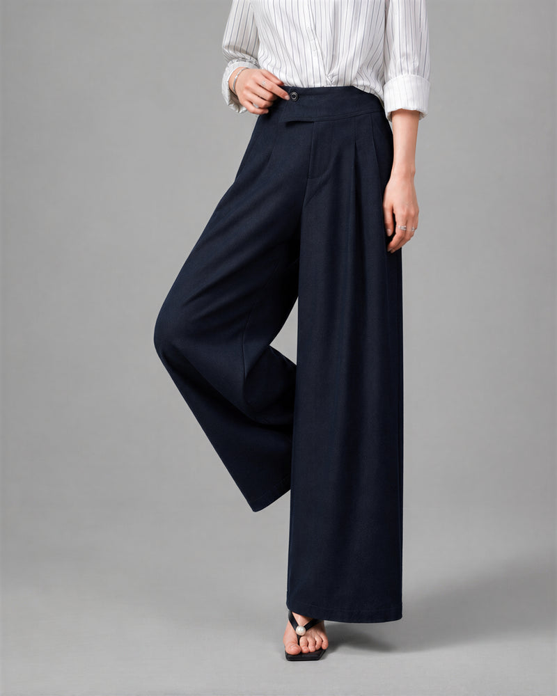 「秋季新品 」S-XL 深藍色高腰垂墜感不對稱寬褲