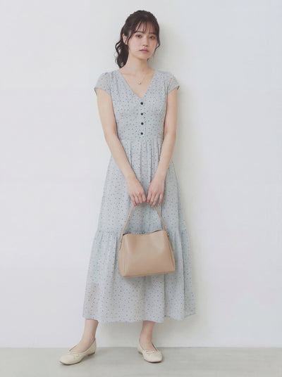 波點收腰排釦V領長款洋裝-淺藍色-L