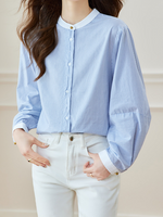 「秋季新品 」 M-2XL 立領條紋燈籠袖襯衫