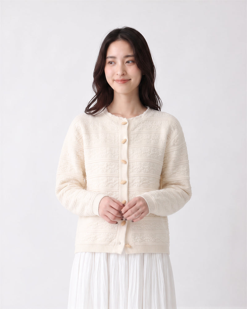 S-XL 淺米色立體肌理圓領短版針織開襟衫