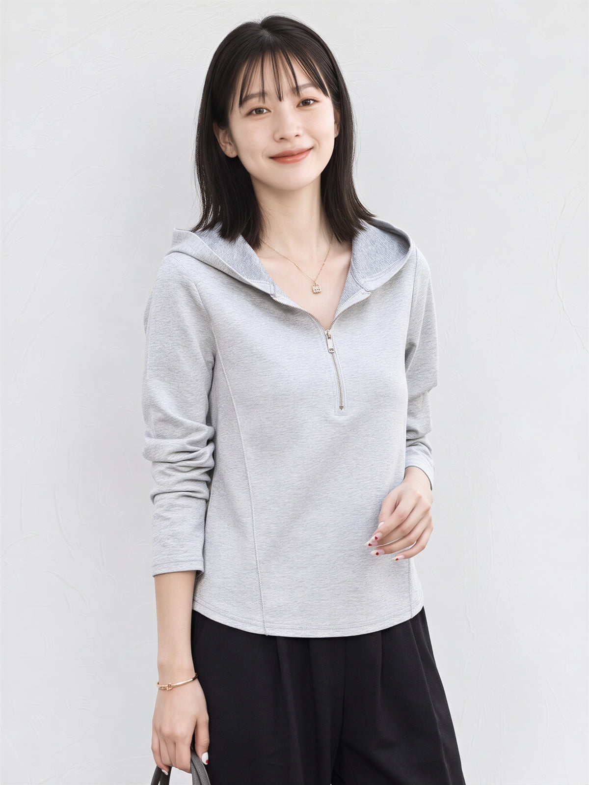 半拉鍊連帽修身衛衣-灰色-3XL