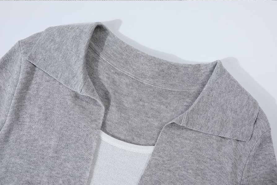 「兩色」S-XL 翻領深V拼接 | 收腰假兩件針織衫