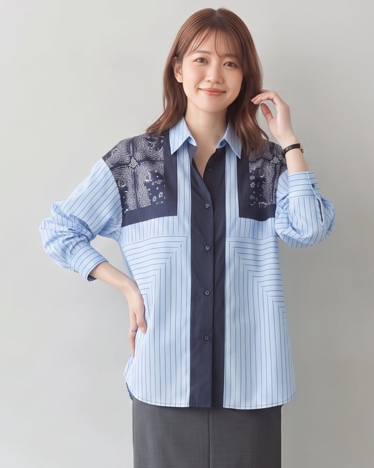 「秋季新品 」L~4XL 拼接條紋印花襯衫