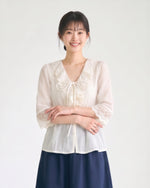 S-XL 秋日蕾絲荷葉邊綁帶長袖襯衫