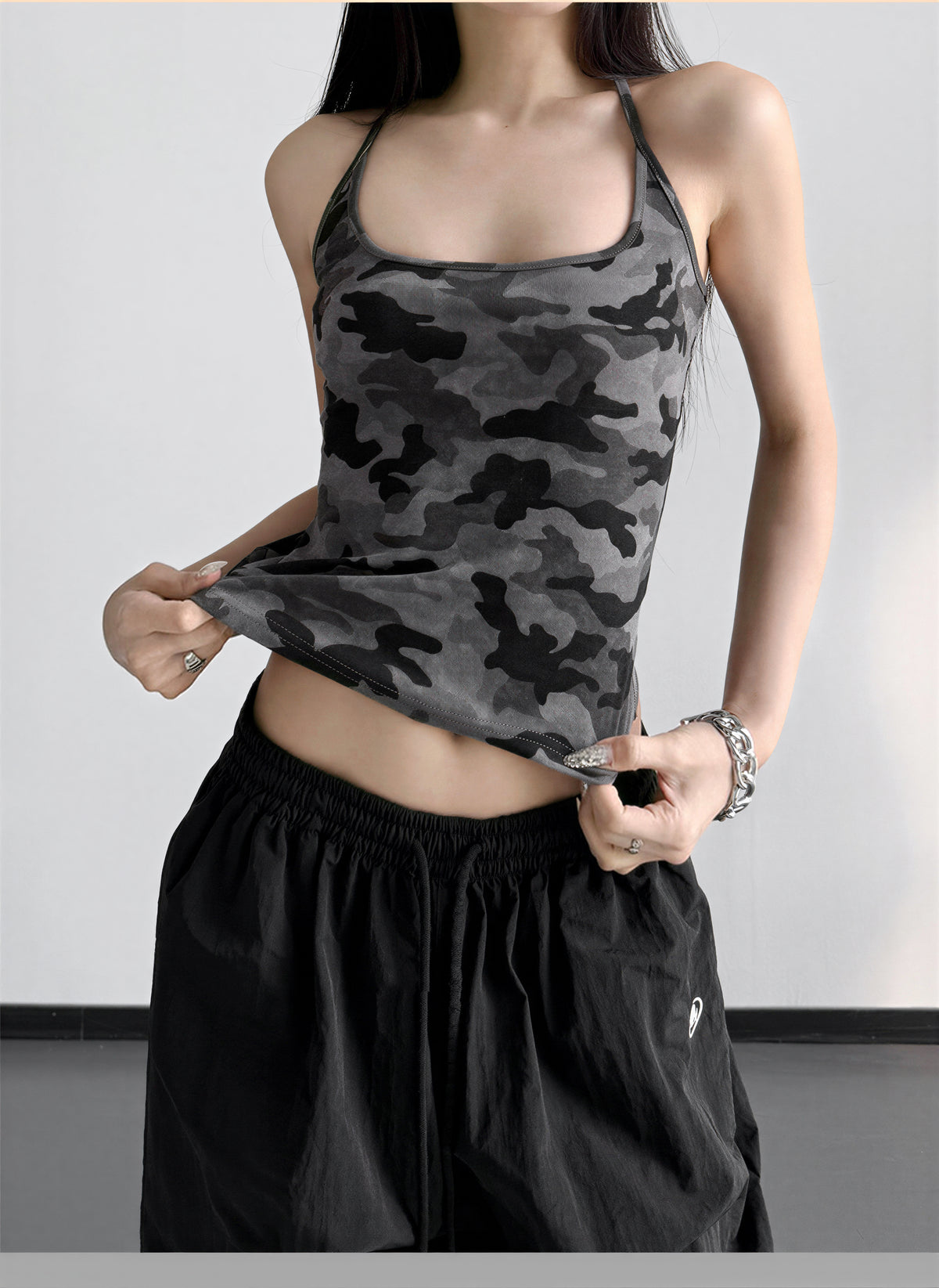 S-XL 迷彩修身細肩帶吊帶背心