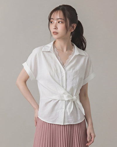 蕾絲V領收腰襯衫-白色-4XL
