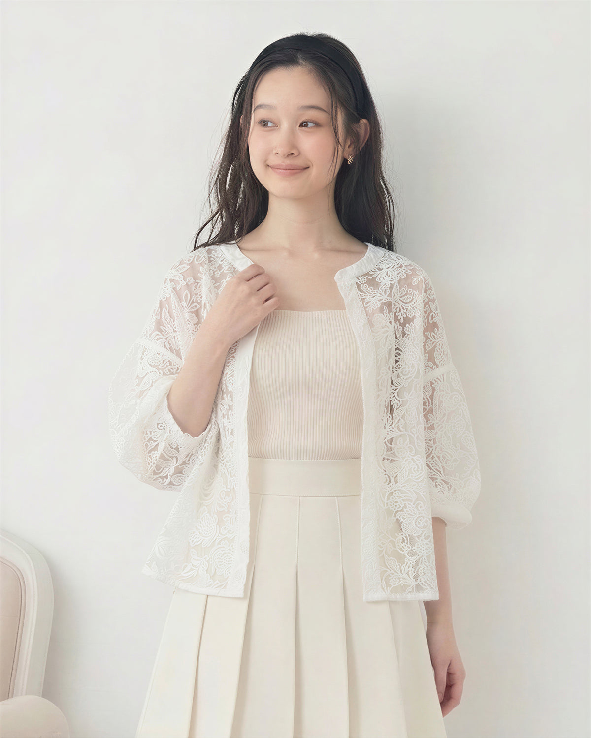 立體蕾絲 透膚燈籠袖 開襟針織外套