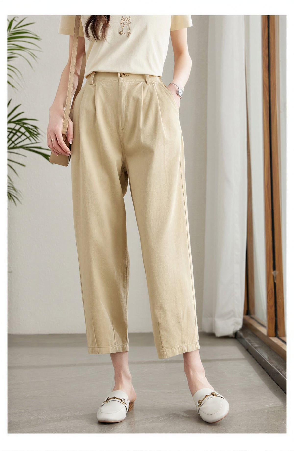 「兩色」 S-XL 高腰打褶九分休閒褲