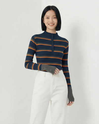 撞色條紋半開襟立領針織衫