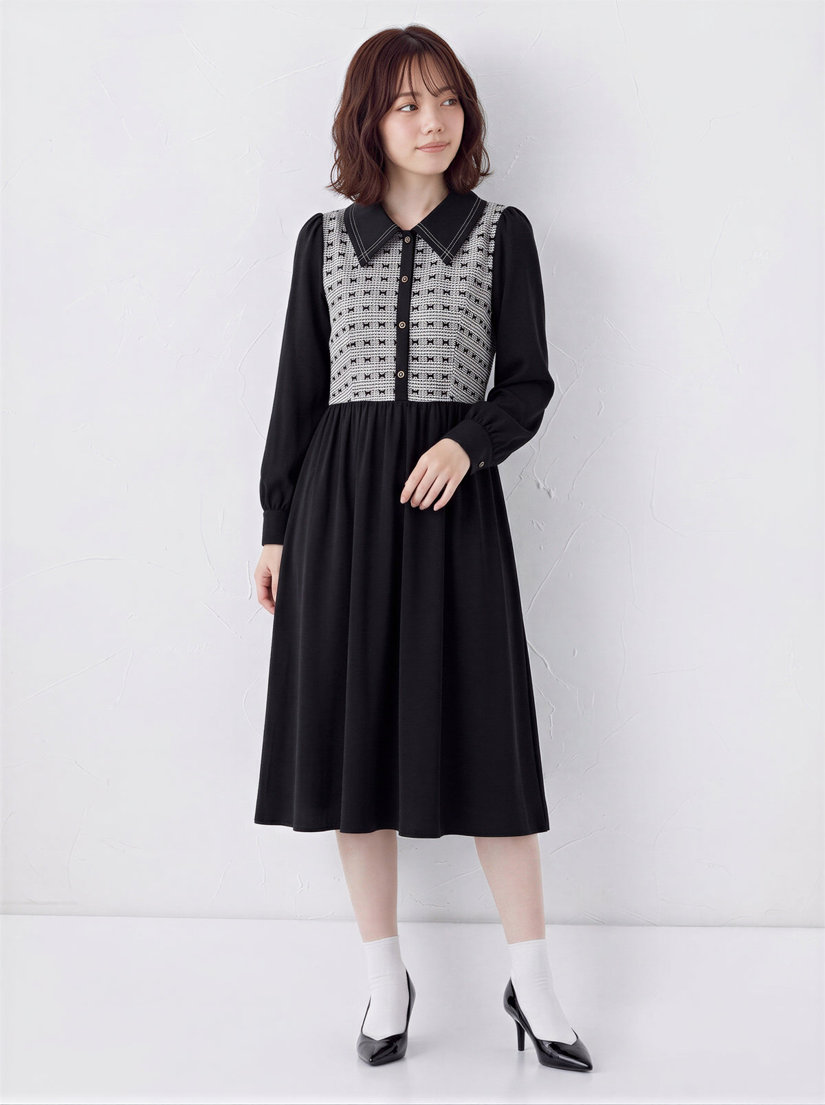 「秋季新品 」S-XL 拼接翻領收腰襯衫長袖洋裝