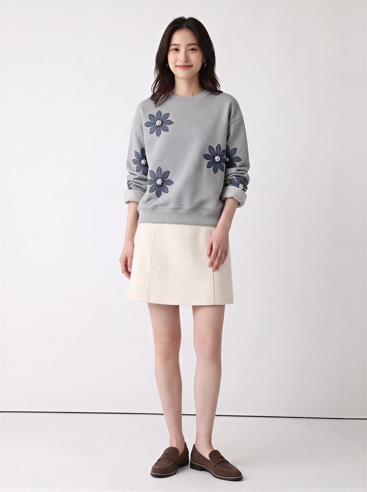 「秋季新品 」S-3XL 立體花朵寬鬆灰色衛衣