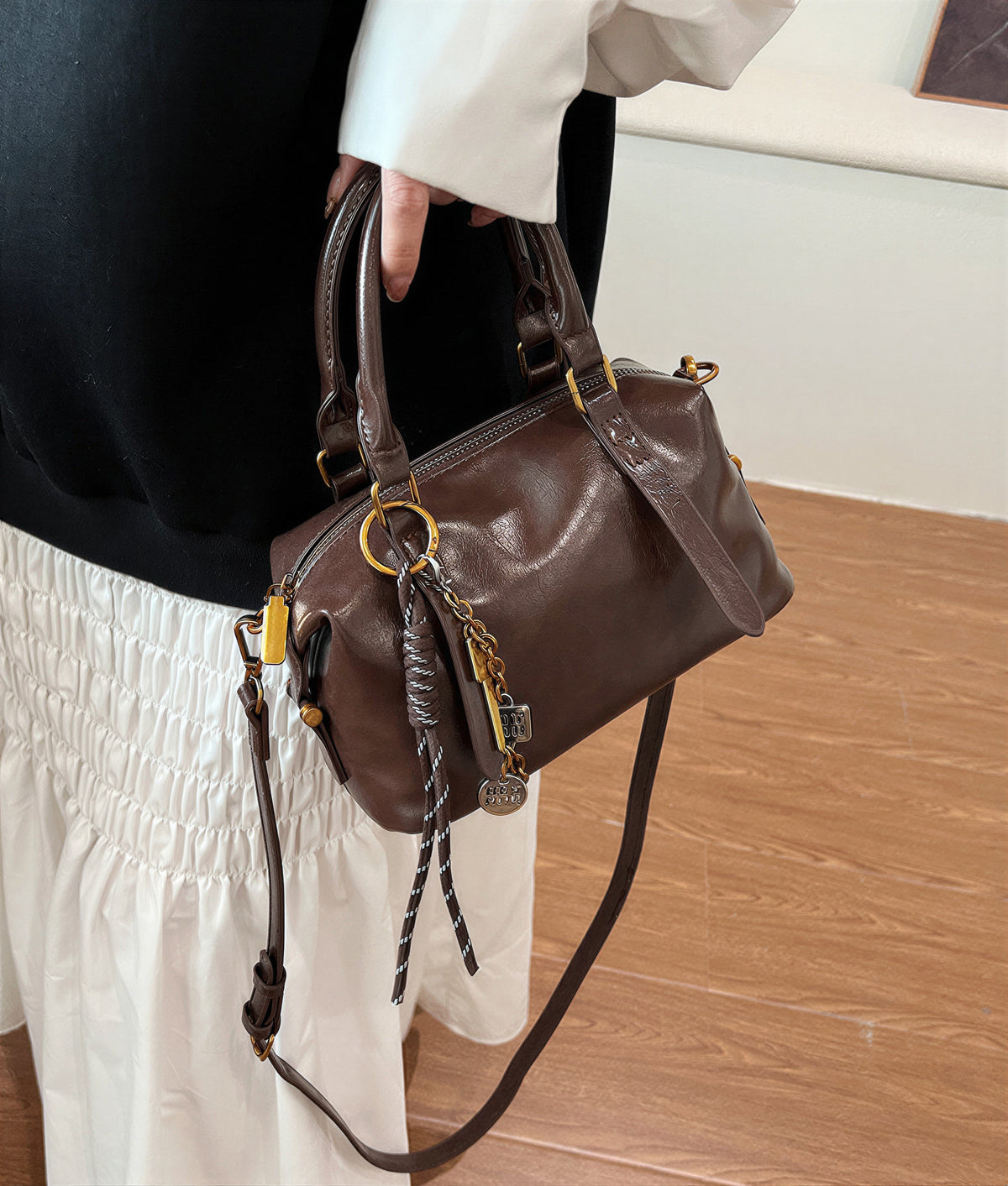 「多色」復古光澤 輕便斜背 波士頓手提包
