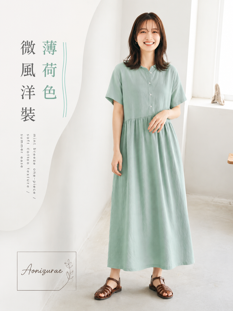 M-2XL 「兩色」立領排扣高腰褶襉長版洋裝