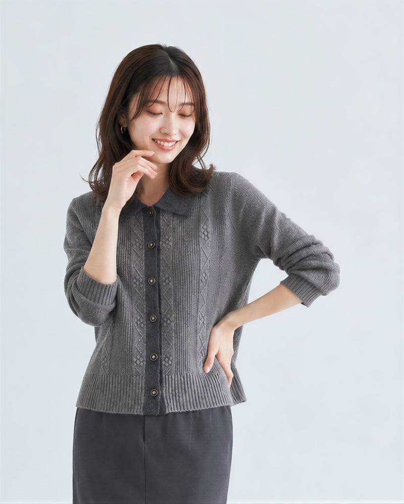 「秋季新品 」撞色翻領提花直紋針織開襟衫