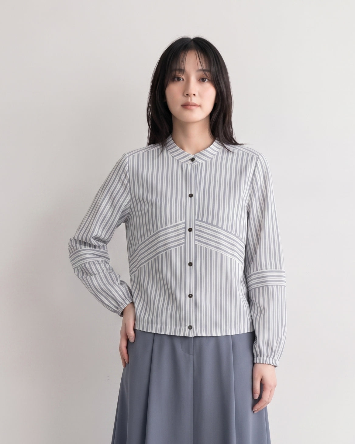 「秋季新品 」 M-XL 純棉甄選 | 條紋拼接燈籠袖襯衫