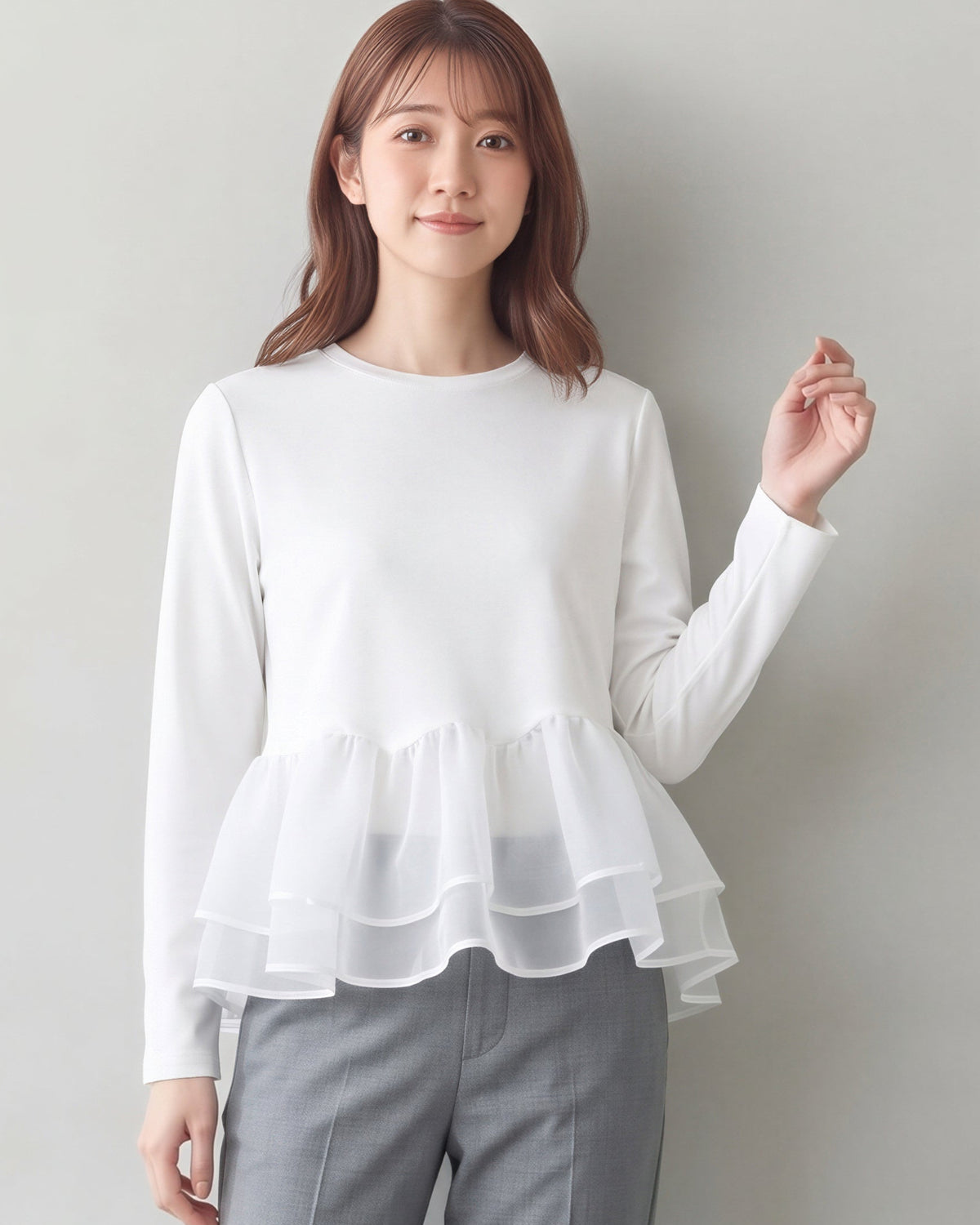 「秋季新品 」「3色」M-L 網紗拼接荷葉下擺假兩件長袖T恤