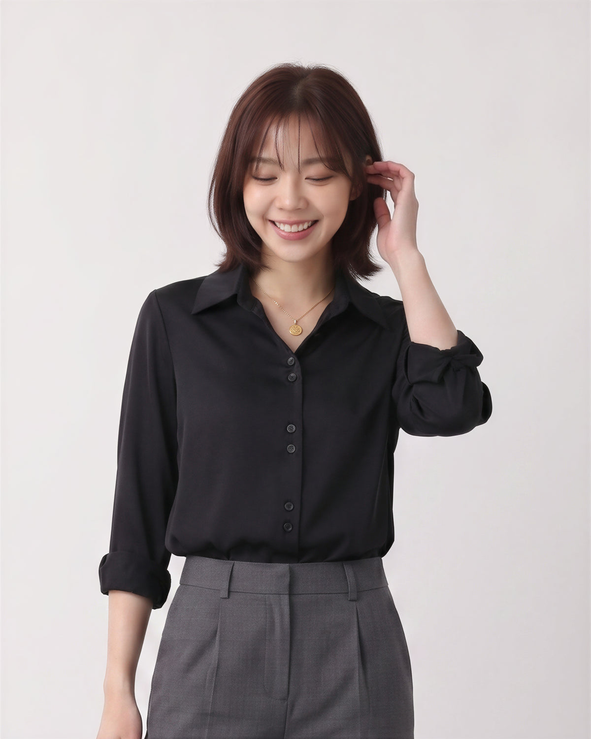 S-2XL 黑色翻領排扣修身襯衫