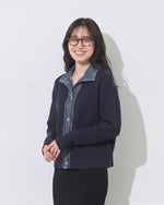「秋季新品 」 S-2XL 牛仔拼接立領假兩件針織外套