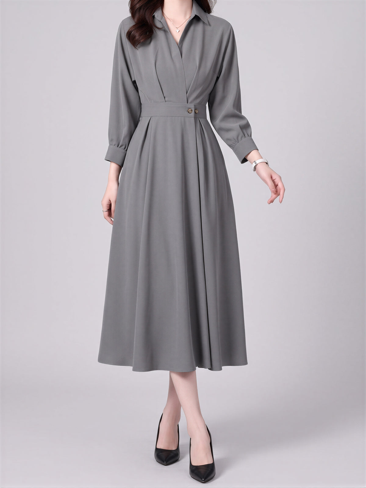 「秋季新品 」「兩色」S-XL 收腰褶襉翻領襯衫洋裝