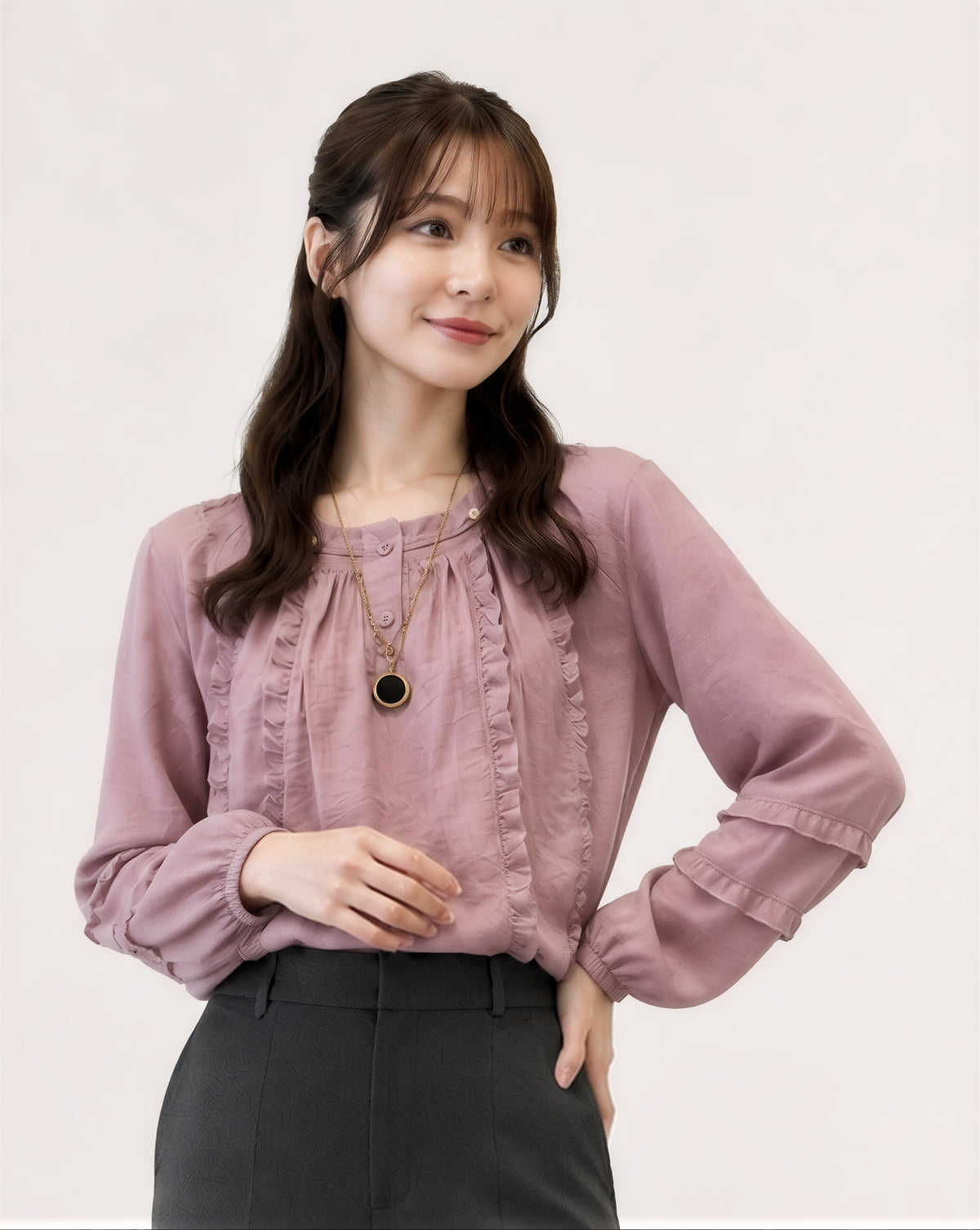 S-XL 淺粉色荷葉邊 | 圓領燈籠袖襯衫