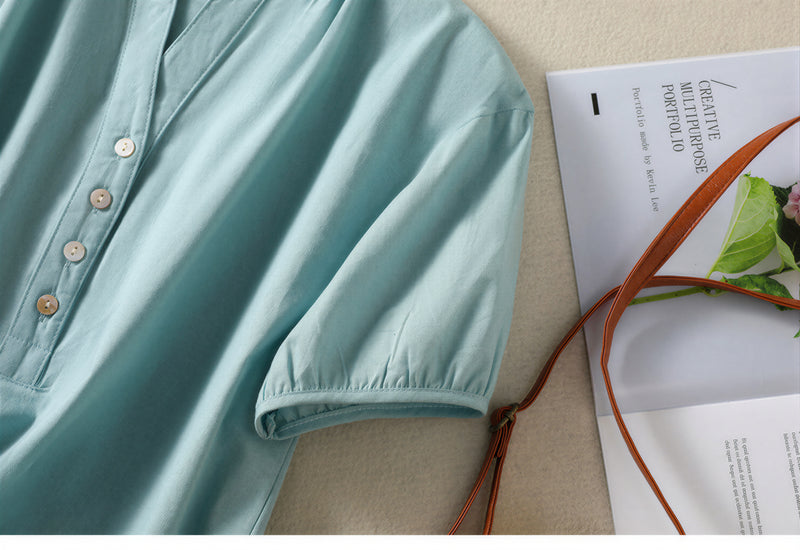 M~2XL 立領半開襟泡泡袖短袖襯衫