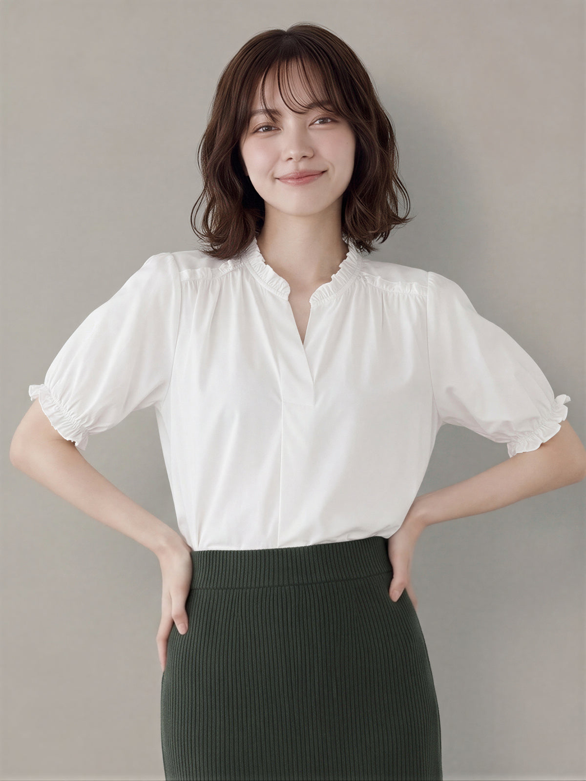 「兩色」全棉舒適透氣 木耳邊V領泡泡袖襯衫-白色-2XL