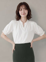 「兩色」全棉舒適透氣 木耳邊V領泡泡袖襯衫-白色-2XL