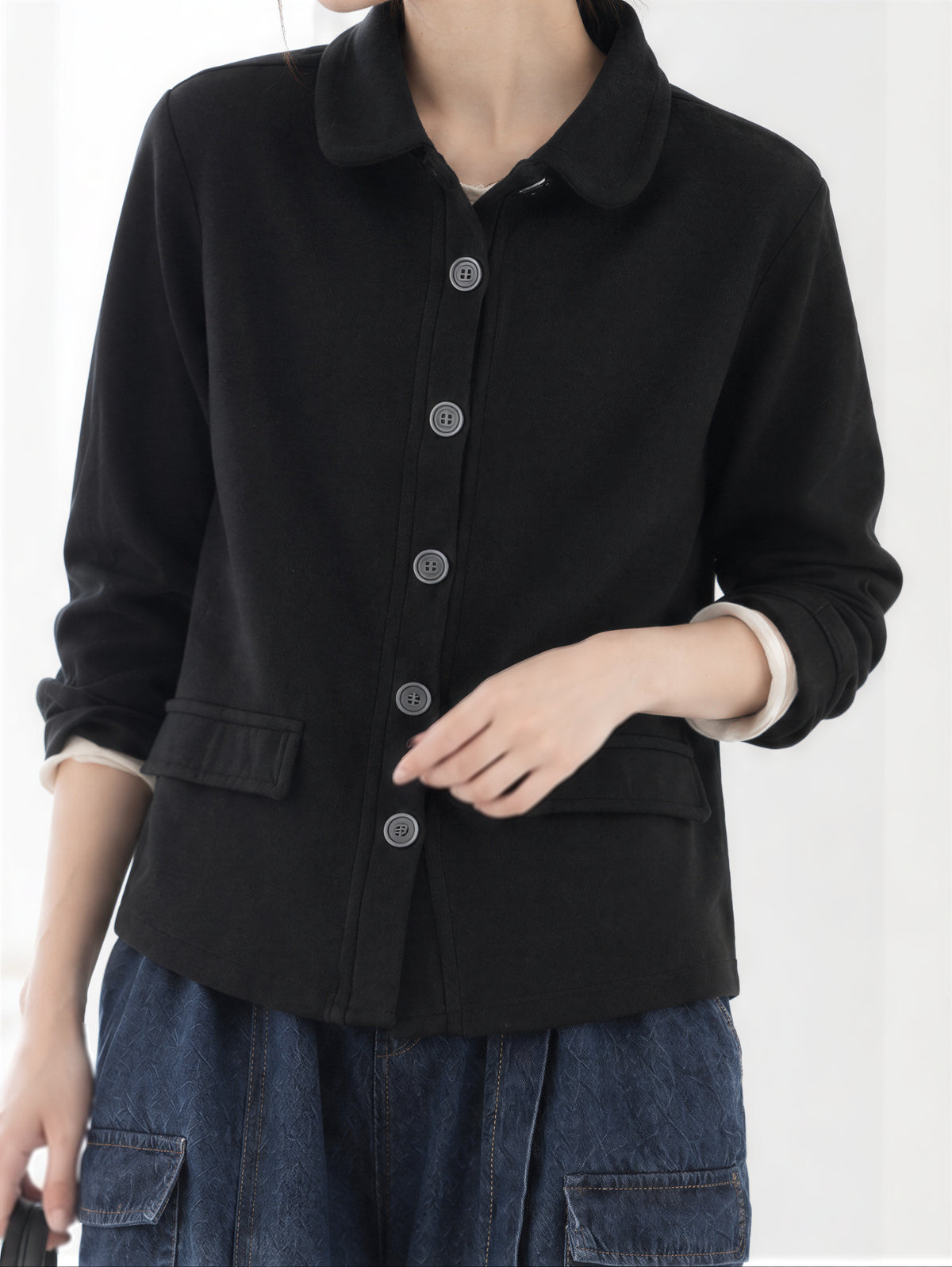 「兩色」「秋季新品 」M-2XL 翻領單排扣寬鬆外套