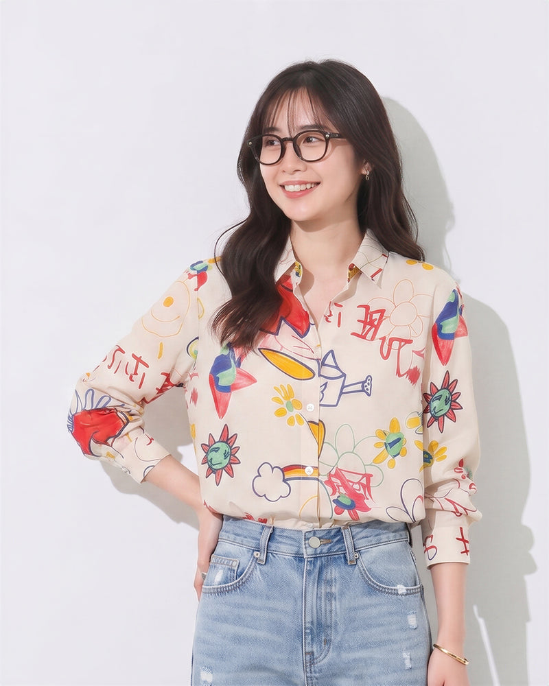 「秋季新品 」S-XL 米色塗鴉印花寬鬆襯衫