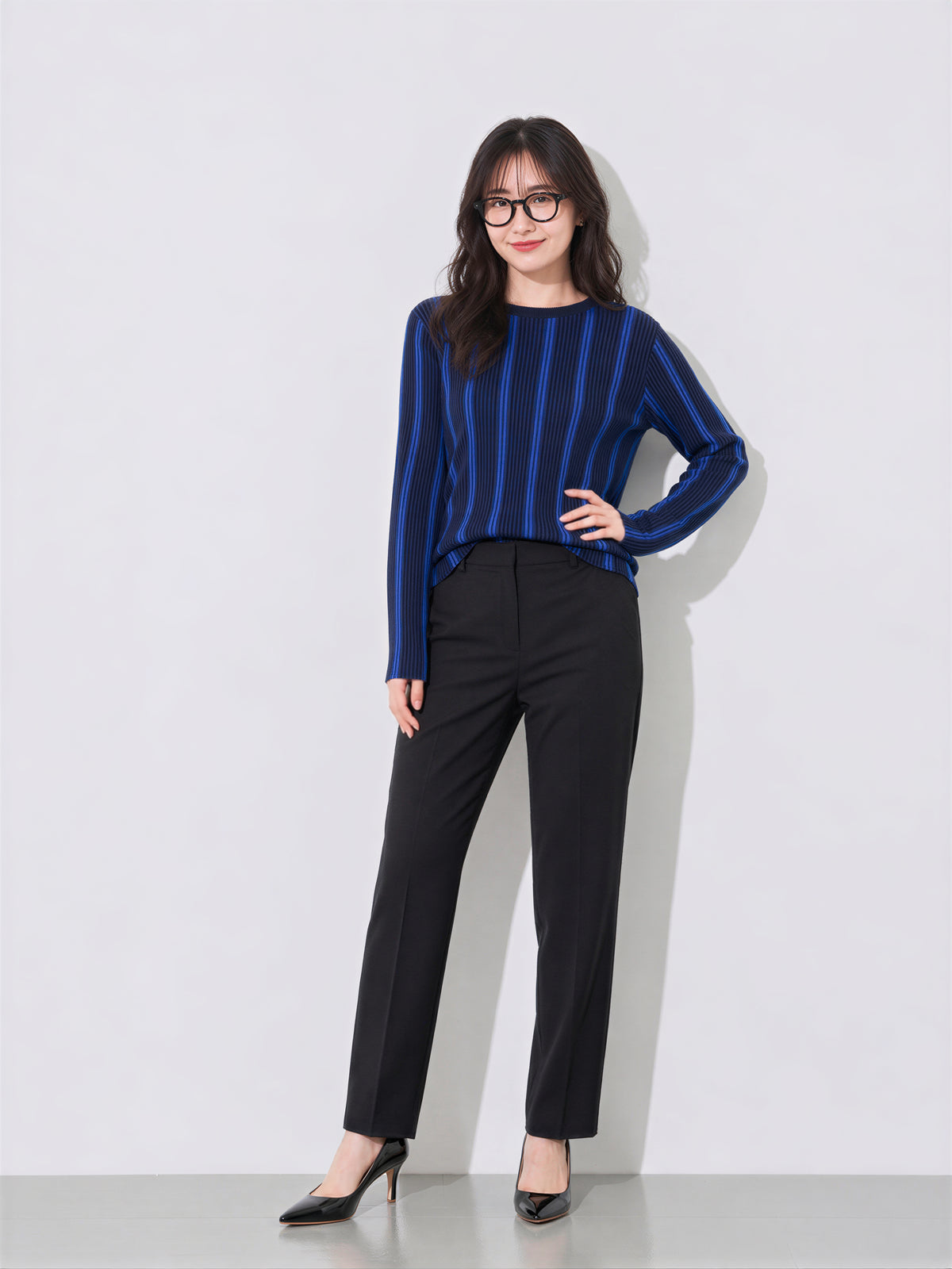 「秋季新品 」S-XL 修身氣質長袖直條紋圓領針織衫