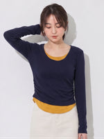S-XL 深藍色疊穿感 | 圓領修身假兩件長袖T恤