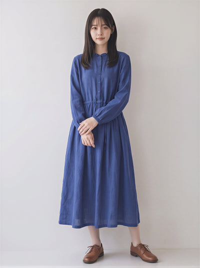 「秋季新品 」M-2XL木耳邊立領收腰棉麻洋裝