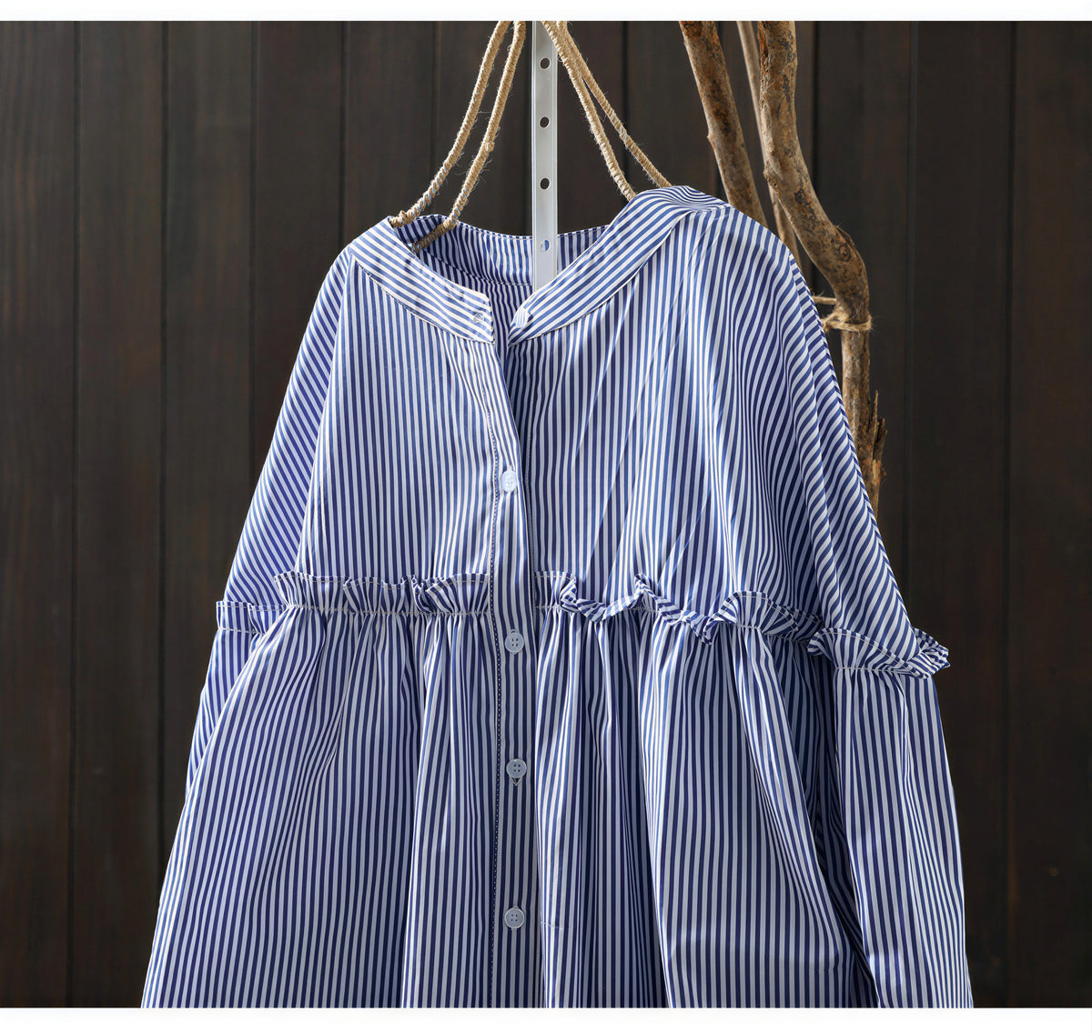 「秋季新品 」M-2XL 藍色 精選優質全棉 | 荷葉邊抓皺寬鬆襯衫