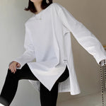 「秋季新品 」「兩色」S-2XL 寬鬆落肩開衩長袖T恤