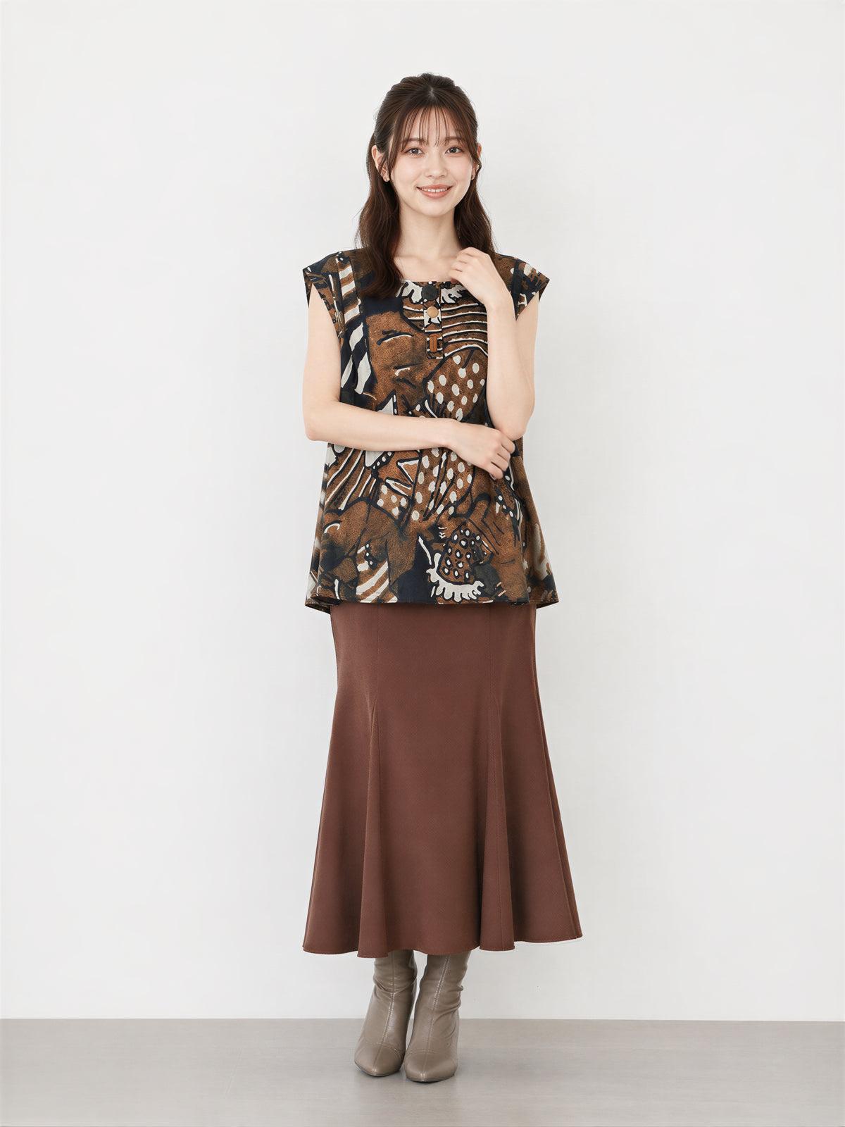 M-2XL 寬鬆A字擺印花無袖襯衫