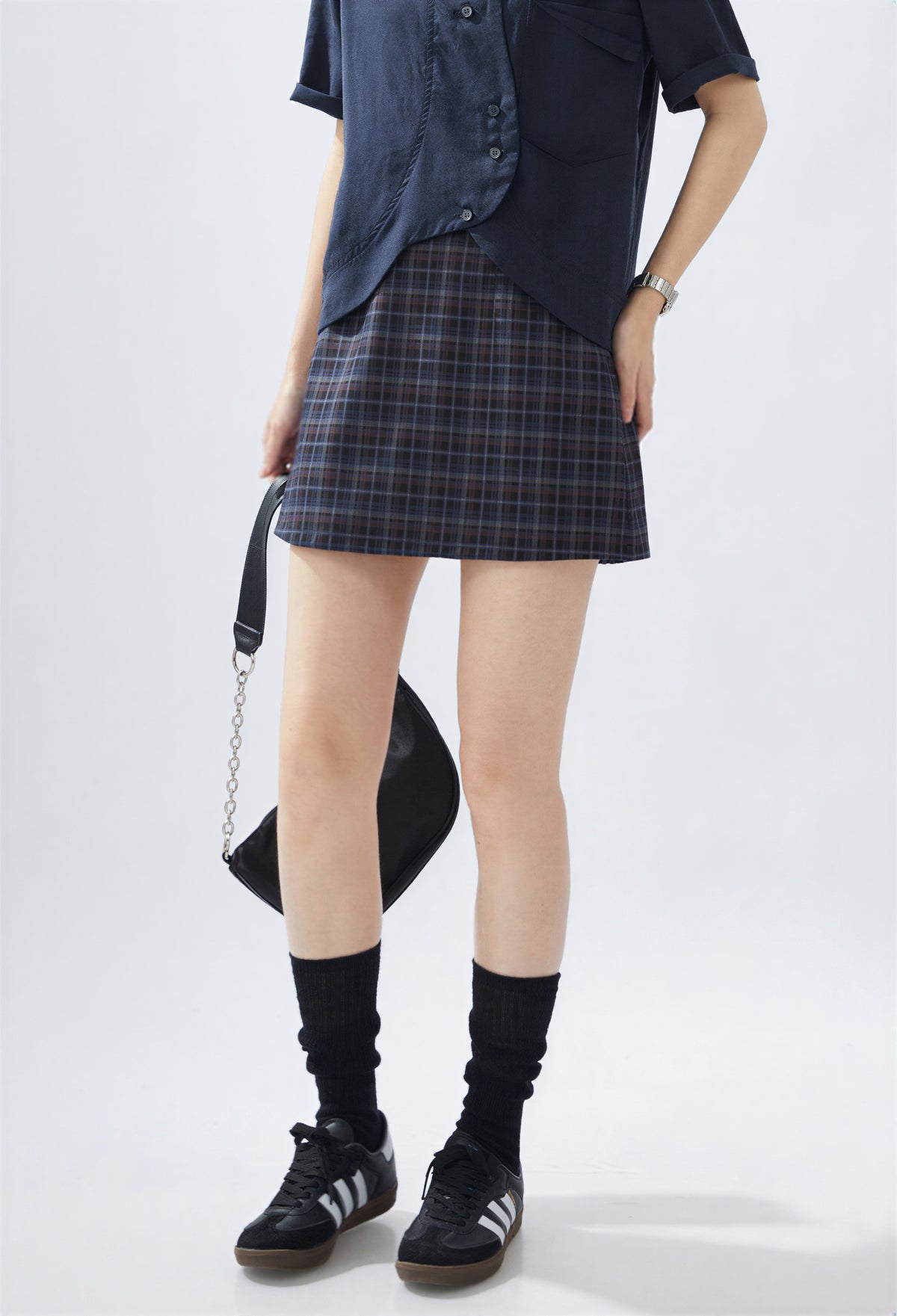 高腰格紋半身裙女 學院風小眾設計感短裙