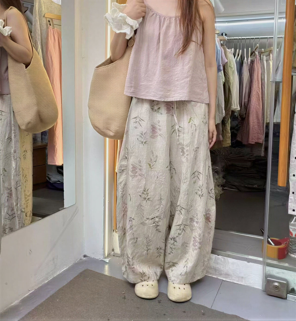 「兩色」M-2XL 植物印花寬鬆寬褲