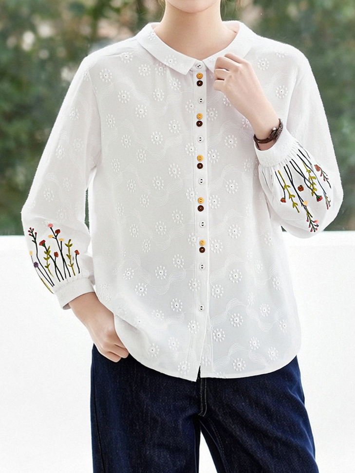 「3色」「秋季新品 」M-2XL 品質刺繡 全棉甄選 柔軟舒適 寬鬆小方領長袖襯衫