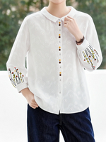 「3色」「秋季新品 」M-2XL 品質刺繡 全棉甄選 柔軟舒適 寬鬆小方領長袖襯衫
