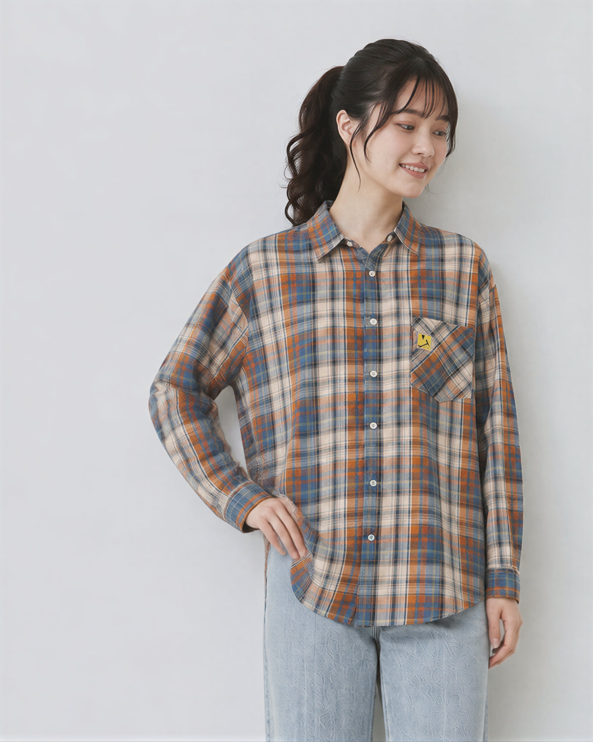 「秋季新品 」寬鬆格紋單口袋襯衫
