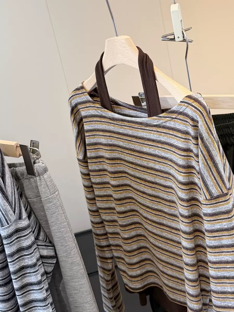 「兩色」S-XL 斜肩露膚條紋假兩件T恤