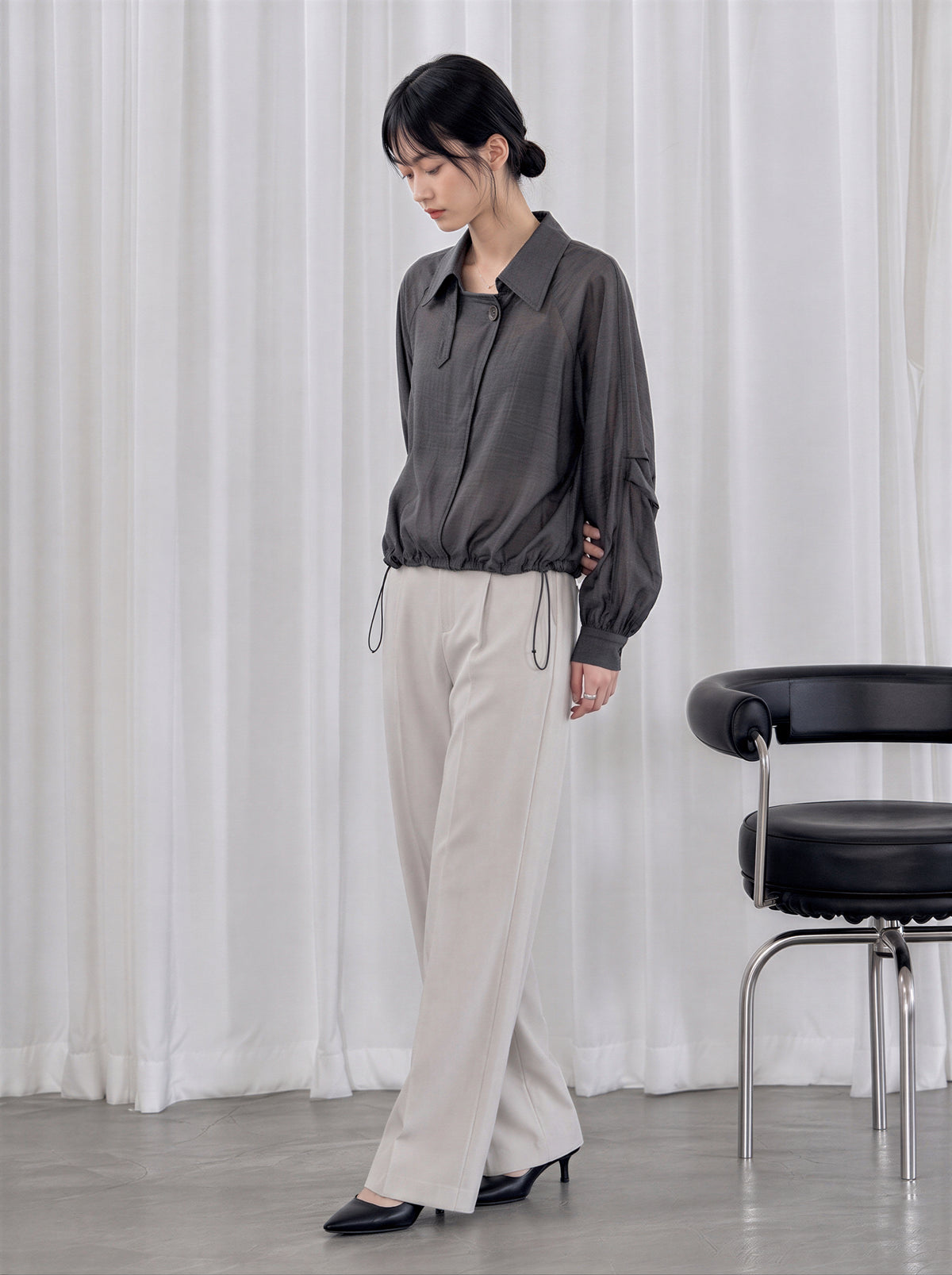 L-3XL 灰色抽繩收腰斜襟襯衫
