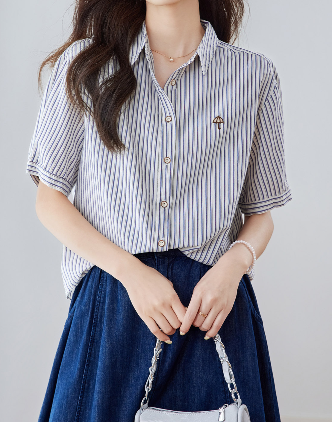 純棉甄選 藍條紋襯衫女五分袖 | 細條紋寬鬆翻領襯衫