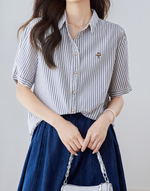 純棉甄選 藍條紋襯衫女五分袖 | 細條紋寬鬆翻領襯衫