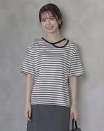 撞色假兩件條紋T恤-白色-4XL