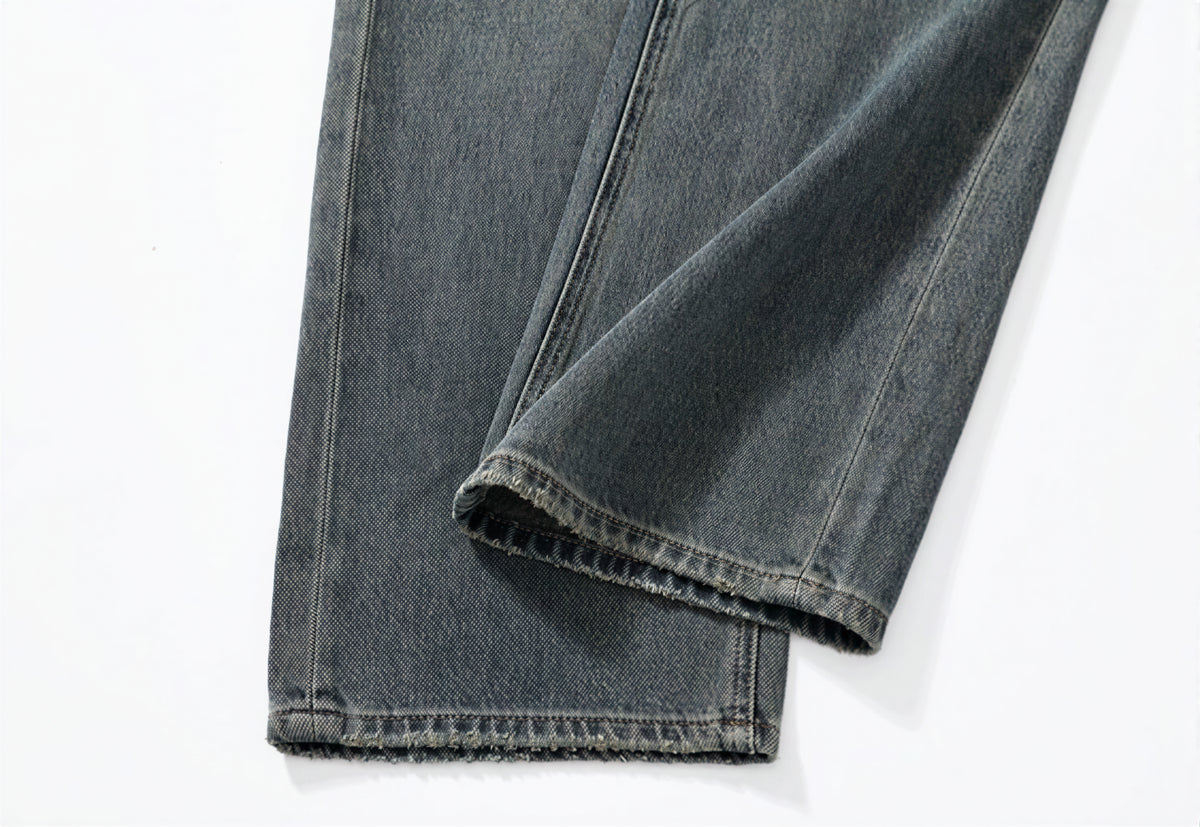 「兩色」「秋季新品 」 XS-2XL 高腰寬褲管刷舊牛仔褲