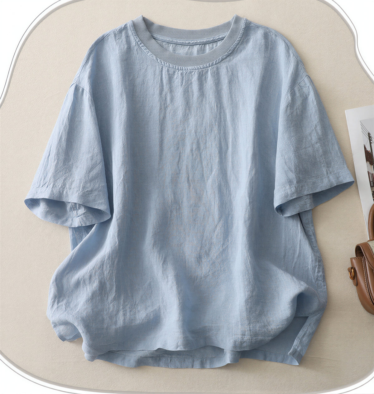 淺藍色落肩寬鬆圓領短袖T恤