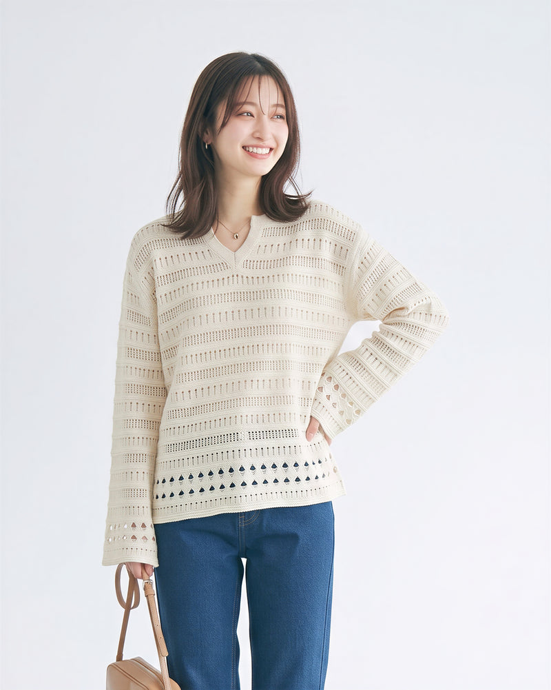 「秋季新品 」「多色」 鏤空紋理 | 小V領寬鬆針織衫
